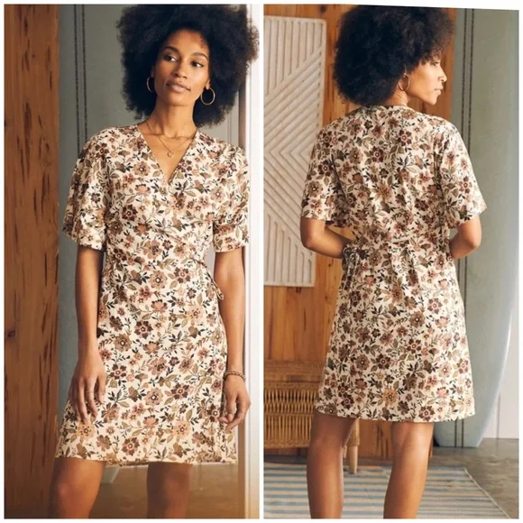 $178 NWT Faherty Willow V-neck Floral Print Linen Wrap Mini Dress size XL - Picture 1 of 12